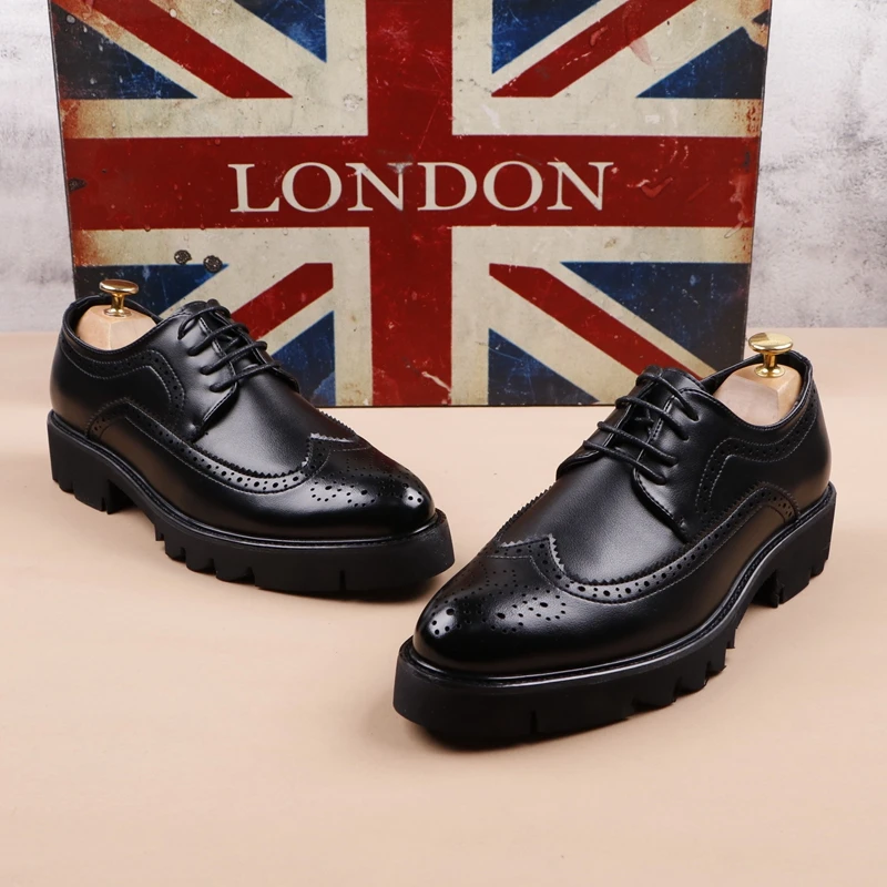men casual business wedding formal dress genuine leather brogue shoes lace-up derby shoe black platform sneakers zapatos hombre