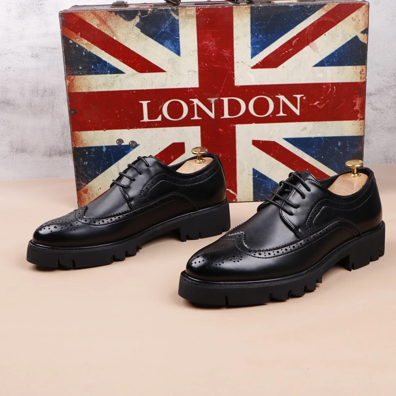 men casual business wedding formal dress genuine leather brogue shoes lace-up derby shoe black platform sneakers zapatos hombre