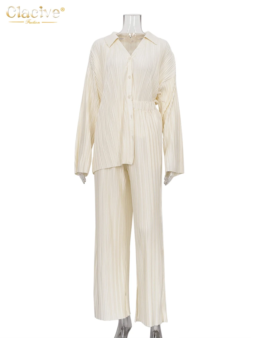 Clacive Fashion Long Sleeve Blouses Womens Two Peice Sets Casual Loose Slit Wide Trouser Suits Elegant White Pleated Female Set