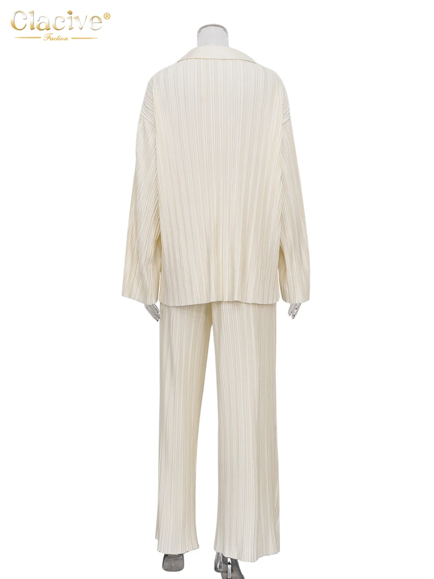 Clacive Fashion Long Sleeve Blouses Womens Two Peice Sets Casual Loose Slit Wide Trouser Suits Elegant White Pleated Female Set