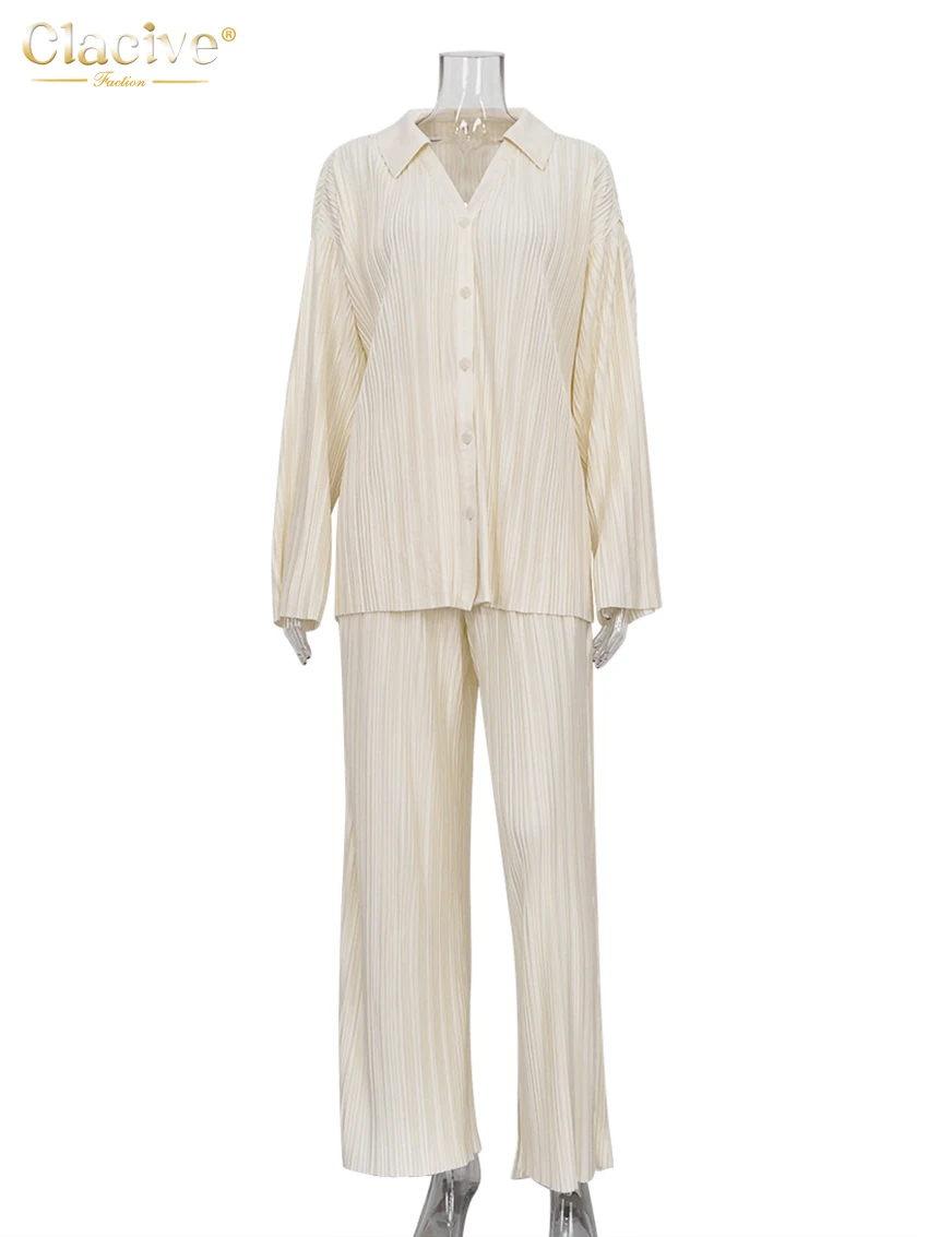Clacive Fashion Long Sleeve Blouses Womens Two Peice Sets Casual Loose Slit Wide Trouser Suits Elegant White Pleated Female Set