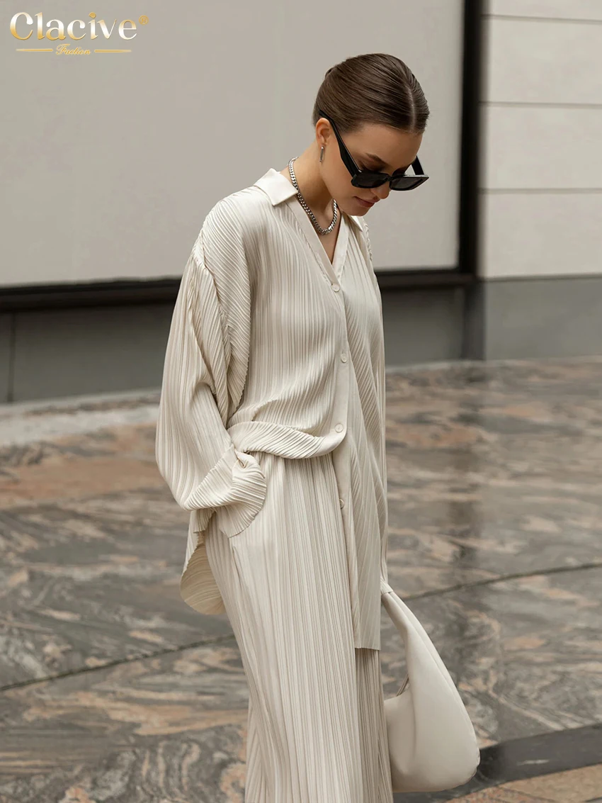 Clacive Fashion Long Sleeve Blouses Womens Two Peice Sets Casual Loose Slit Wide Trouser Suits Elegant White Pleated Female Set