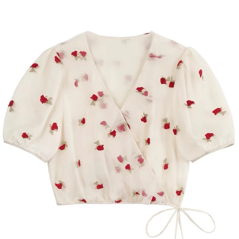 Woman Rose Embroidery Gauze Shirt 2024 Summer Chic Y2k V-neck Short Puff Sleeve Lace Up Tops French Sweet Sexy Slim Blouse Mujer