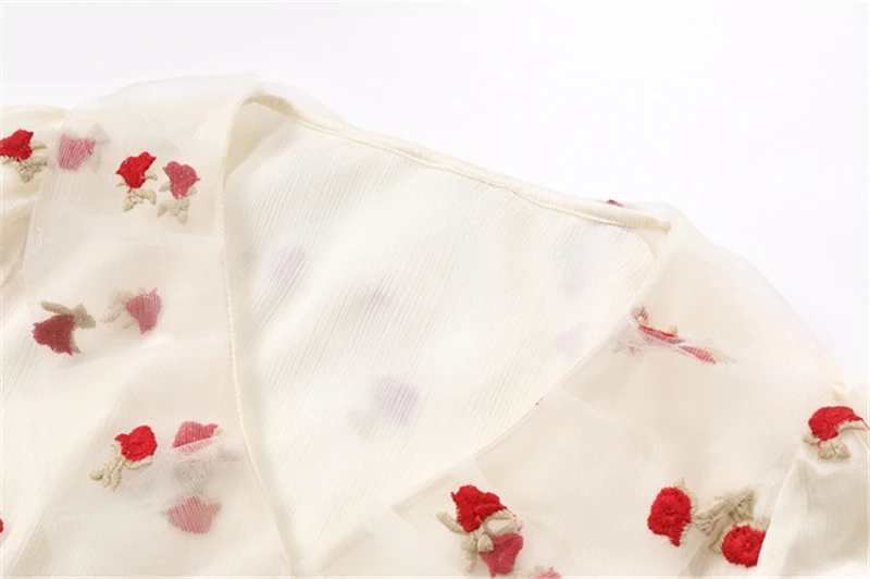 Woman Rose Embroidery Gauze Shirt 2024 Summer Chic Y2k V-neck Short Puff Sleeve Lace Up Tops French Sweet Sexy Slim Blouse Mujer