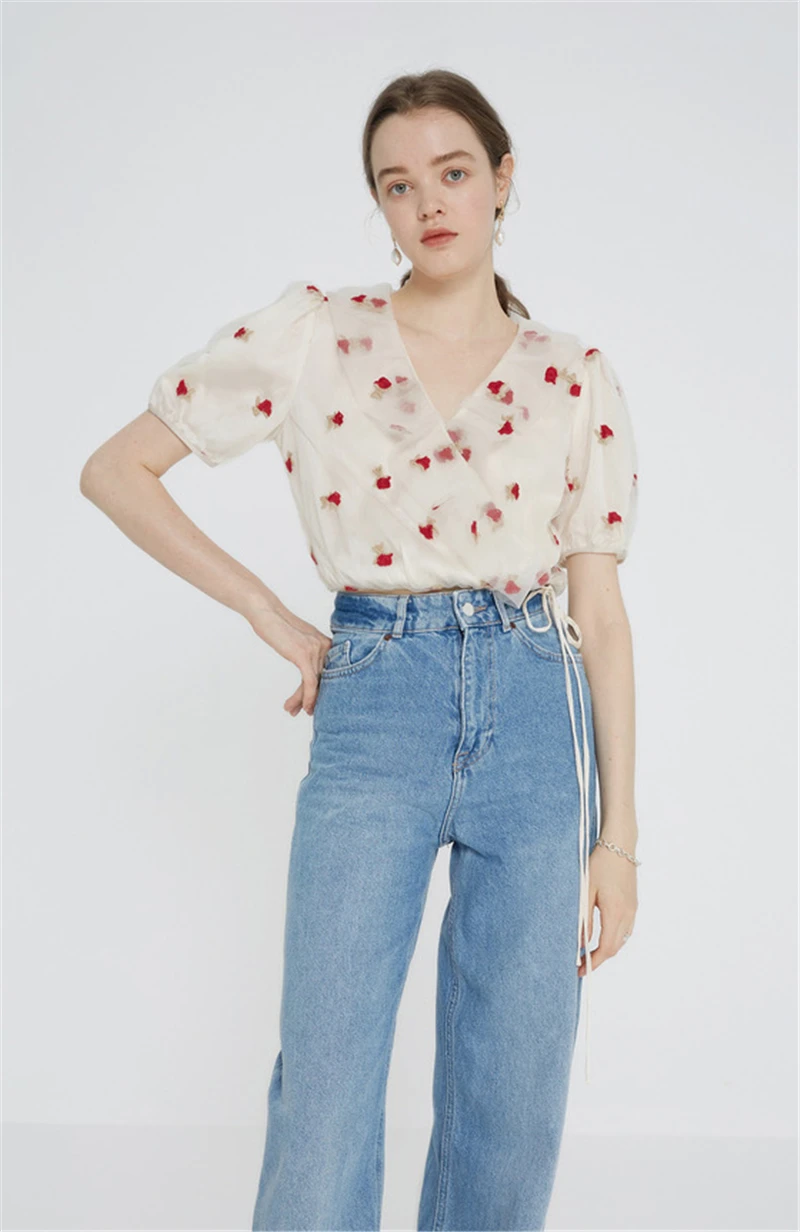 Woman Rose Embroidery Gauze Shirt 2024 Summer Chic Y2k V-neck Short Puff Sleeve Lace Up Tops French Sweet Sexy Slim Blouse Mujer