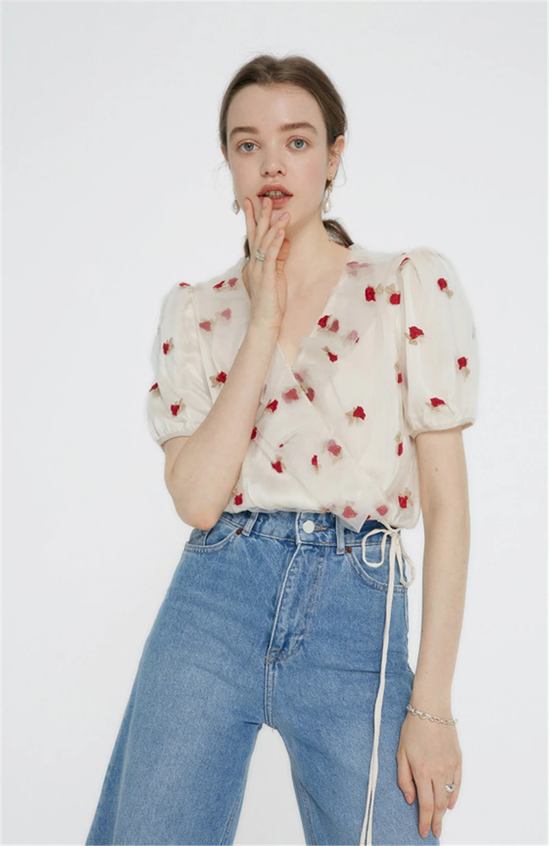 Woman Rose Embroidery Gauze Shirt 2024 Summer Chic Y2k V-neck Short Puff Sleeve Lace Up Tops French Sweet Sexy Slim Blouse Mujer