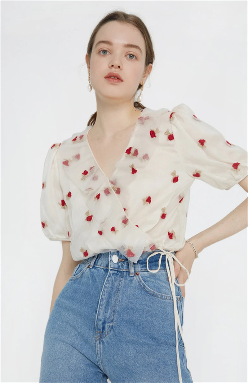 Woman Rose Embroidery Gauze Shirt 2024 Summer Chic Y2k V-neck Short Puff Sleeve Lace Up Tops French Sweet Sexy Slim Blouse Mujer