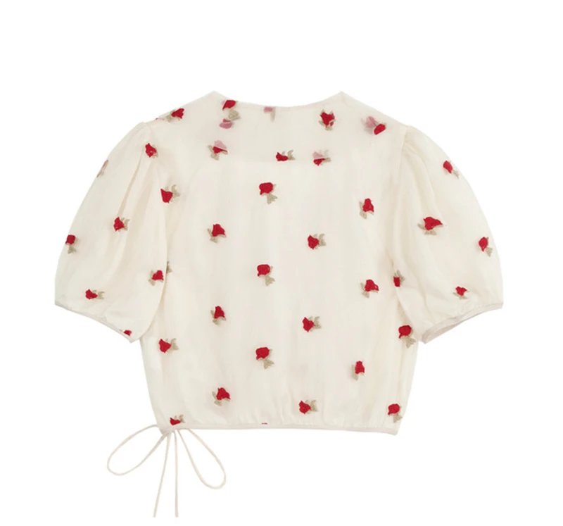 Woman Rose Embroidery Gauze Shirt 2024 Summer Chic Y2k V-neck Short Puff Sleeve Lace Up Tops French Sweet Sexy Slim Blouse Mujer