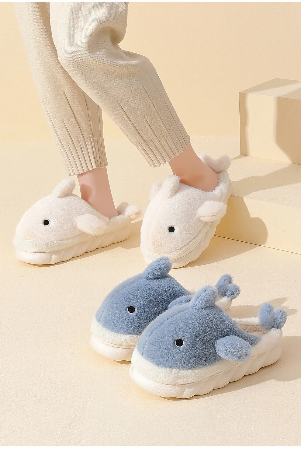 Cute Shark Cotton Slippers Women's Autumn And Winter Home Indoor Non-slip Warm Thick Bottom Household Couple Wool Slippers