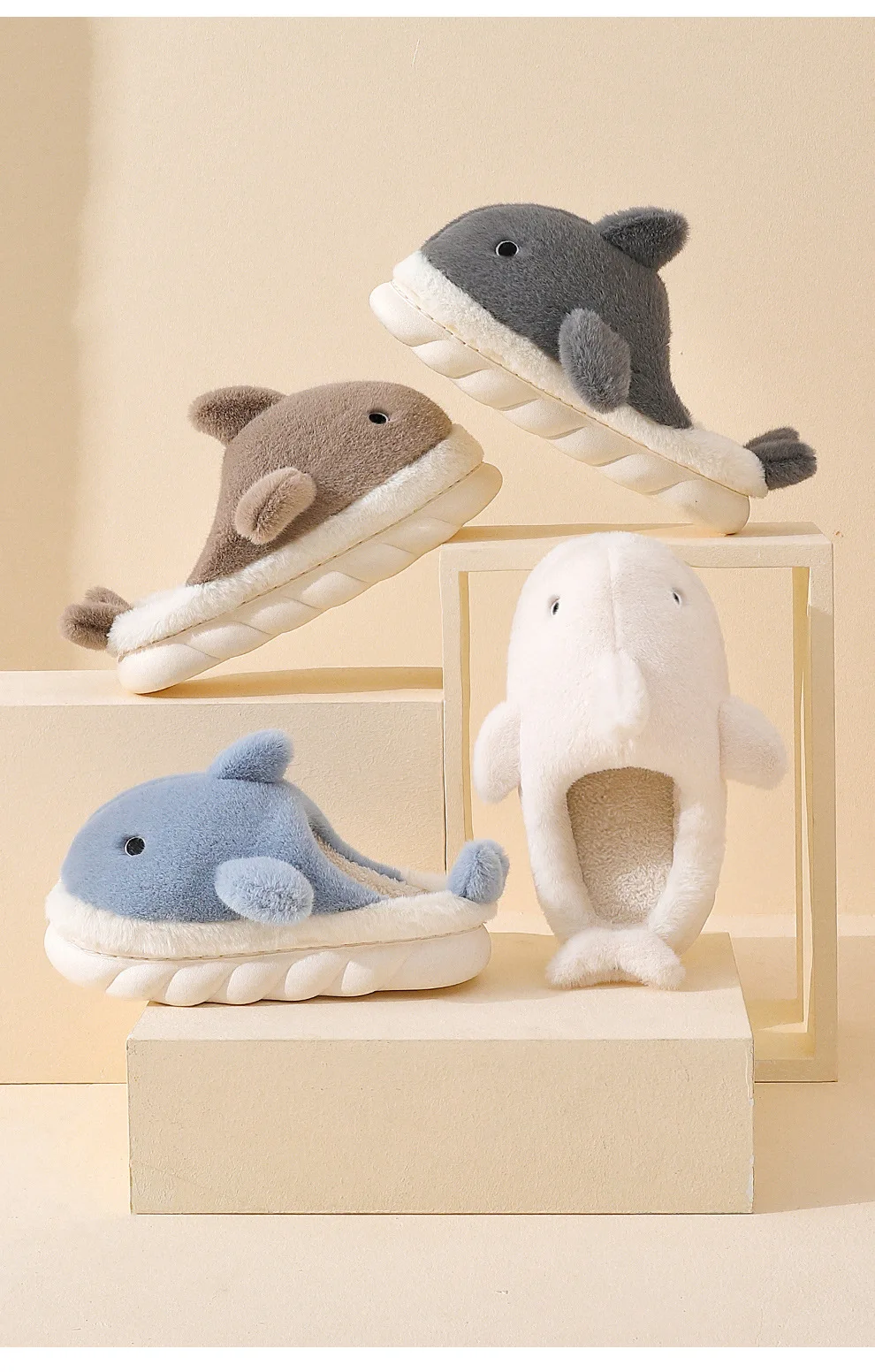 Cute Shark Cotton Slippers Women's Autumn And Winter Home Indoor Non-slip Warm Thick Bottom Household Couple Wool Slippers