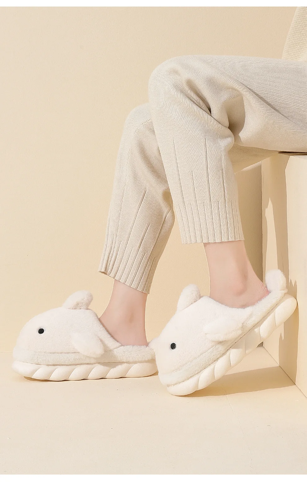 Cute Shark Cotton Slippers Women's Autumn And Winter Home Indoor Non-slip Warm Thick Bottom Household Couple Wool Slippers