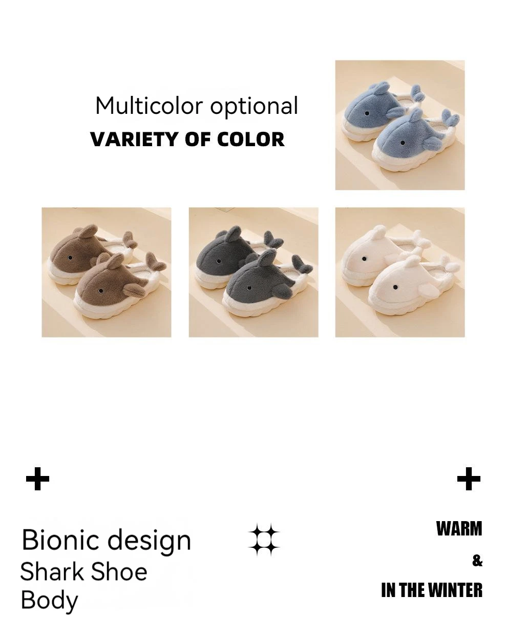 Cute Shark Cotton Slippers Women's Autumn And Winter Home Indoor Non-slip Warm Thick Bottom Household Couple Wool Slippers