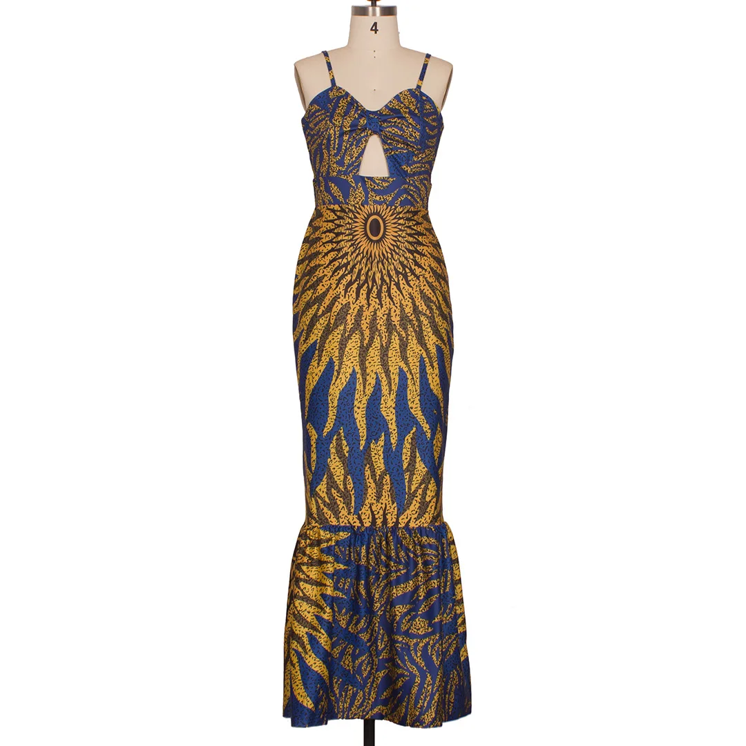 African Women's Clothing Bodycon Hollow Out Printed Dress Fishtail Suspenders Maxi Skirt Banquet Party Dress Slim Fit Hollow Out