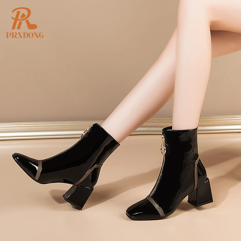 New 2022 Fashion Genuine Leather Square High Heels Black Wine Red Zipper Autumn Winter Warm Ankle Boots For Women Big Size 34-42