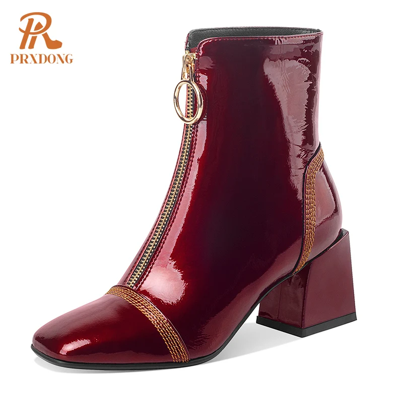 New 2022 Fashion Genuine Leather Square High Heels Black Wine Red Zipper Autumn Winter Warm Ankle Boots For Women Big Size 34-42