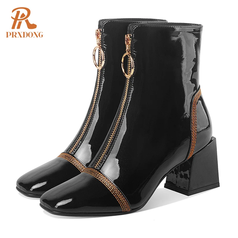 New 2022 Fashion Genuine Leather Square High Heels Black Wine Red Zipper Autumn Winter Warm Ankle Boots For Women Big Size 34-42