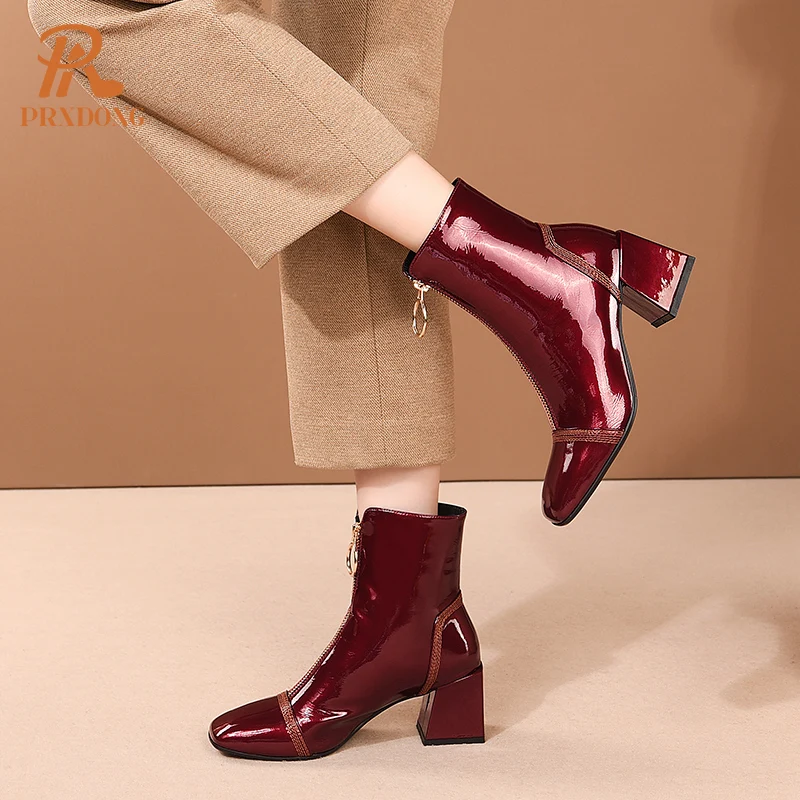 New 2022 Fashion Genuine Leather Square High Heels Black Wine Red Zipper Autumn Winter Warm Ankle Boots For Women Big Size 34-42