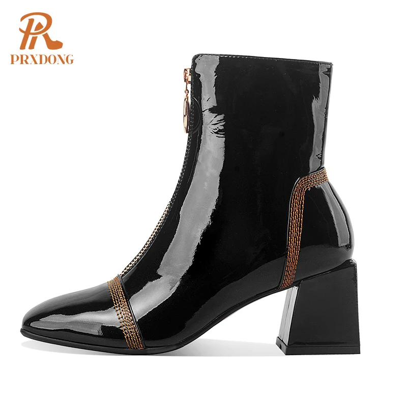 New 2022 Fashion Genuine Leather Square High Heels Black Wine Red Zipper Autumn Winter Warm Ankle Boots For Women Big Size 34-42