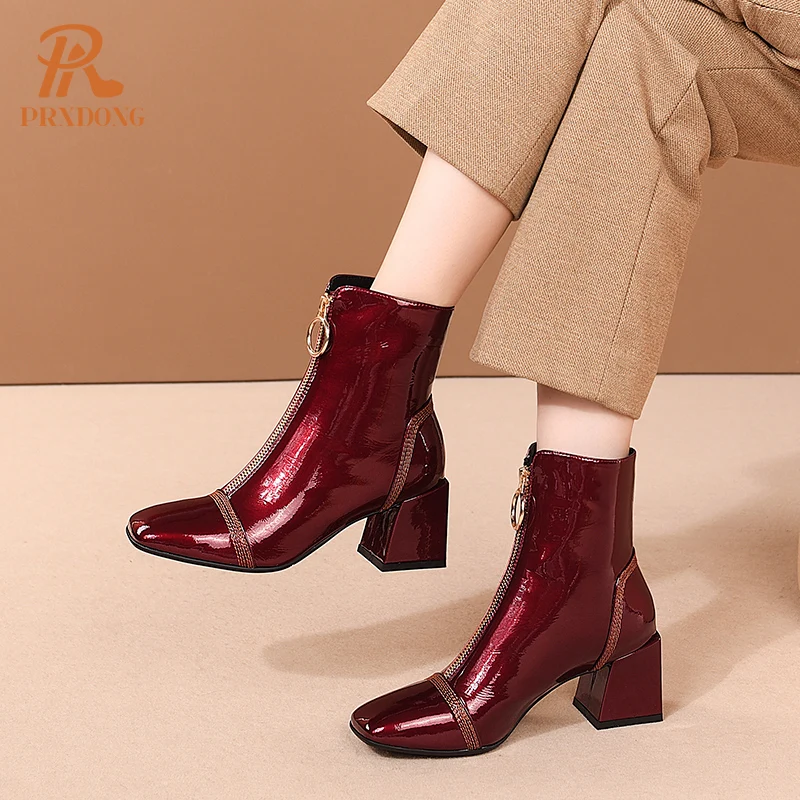 New 2022 Fashion Genuine Leather Square High Heels Black Wine Red Zipper Autumn Winter Warm Ankle Boots For Women Big Size 34-42