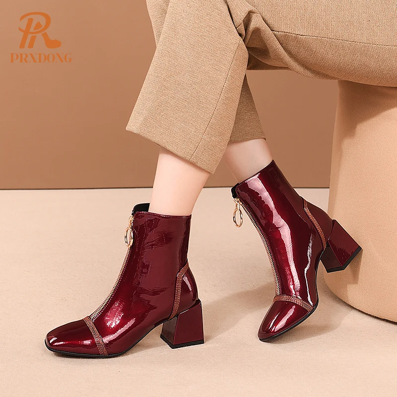 New 2022 Fashion Genuine Leather Square High Heels Black Wine Red Zipper Autumn Winter Warm Ankle Boots For Women Big Size 34-42