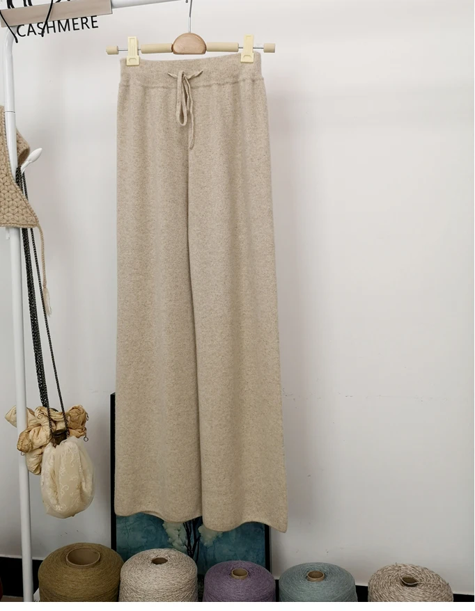 Autumn winter wool knitted wide leg trousers FEMALE drooping feels straight tube leisure tall waist outside wear trousers