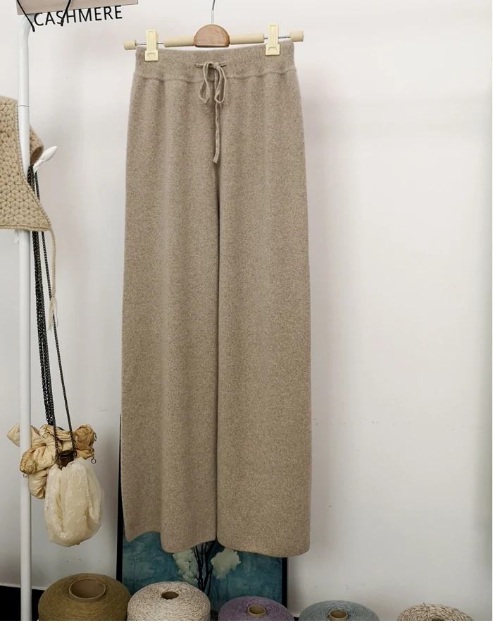 Autumn winter wool knitted wide leg trousers FEMALE drooping feels straight tube leisure tall waist outside wear trousers