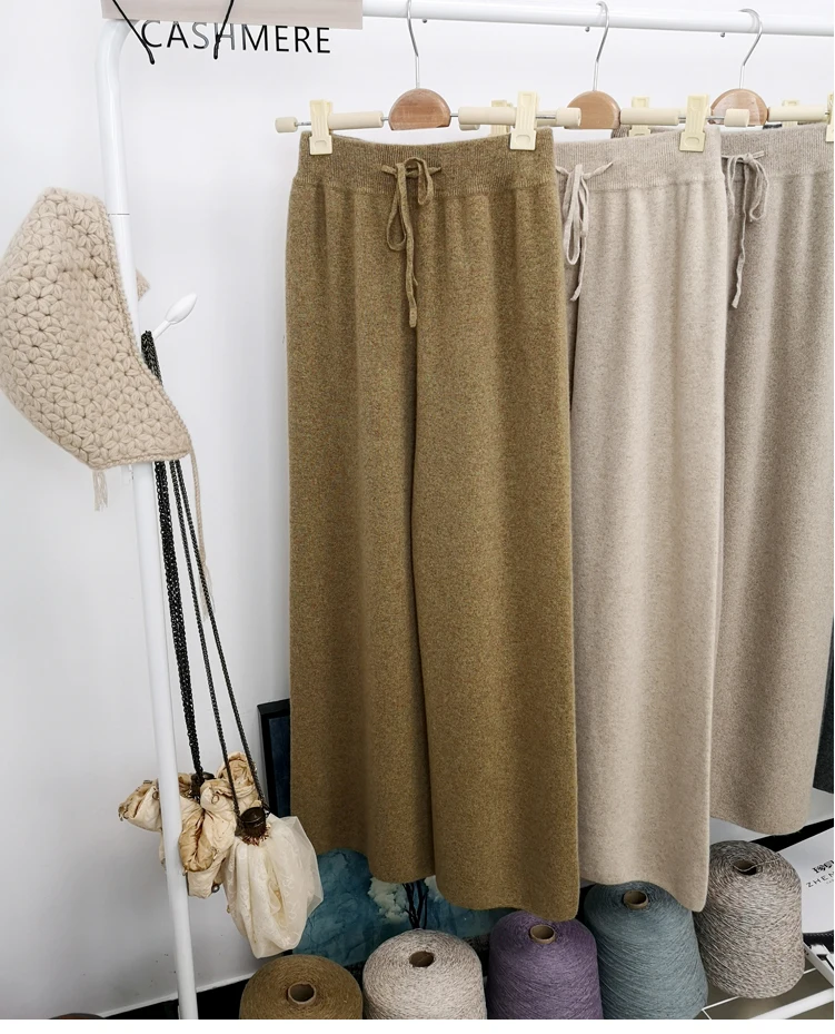 Autumn winter wool knitted wide leg trousers FEMALE drooping feels straight tube leisure tall waist outside wear trousers