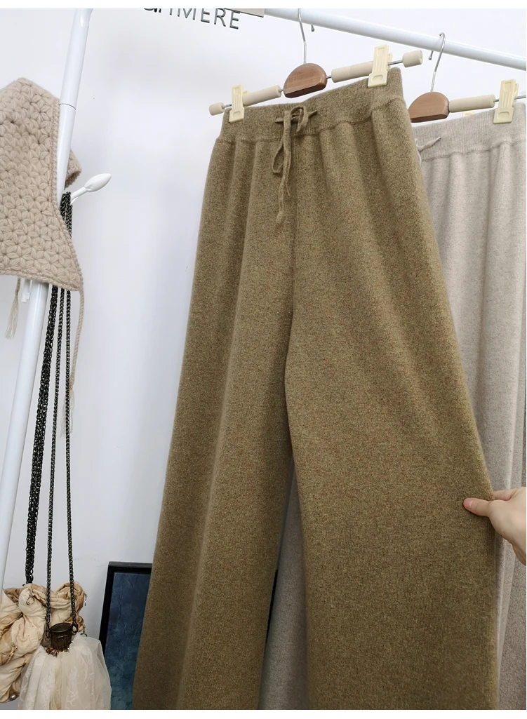 Autumn winter wool knitted wide leg trousers FEMALE drooping feels straight tube leisure tall waist outside wear trousers