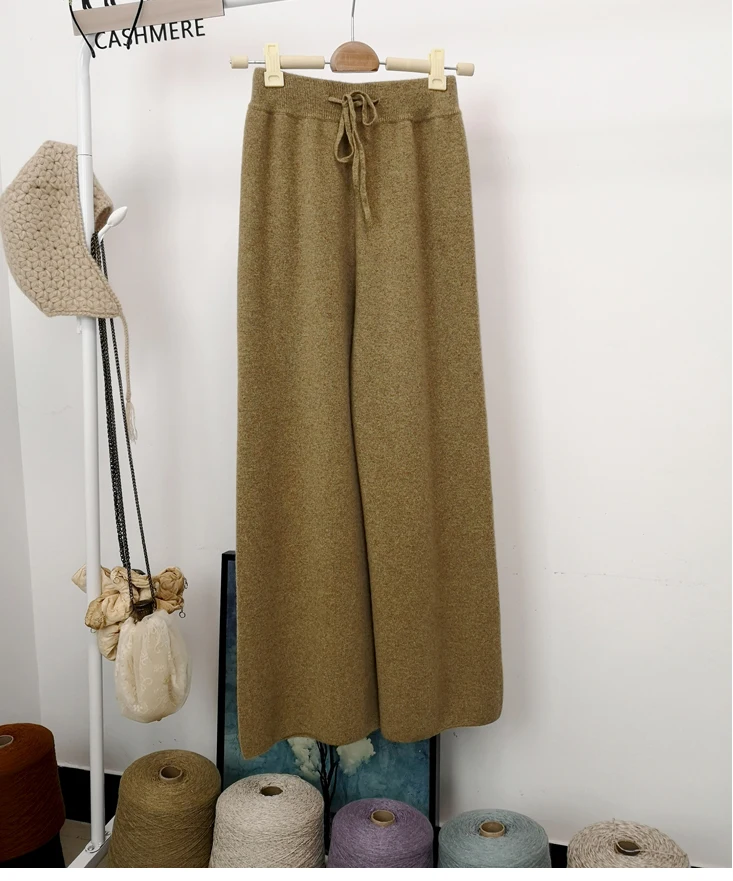 Autumn winter wool knitted wide leg trousers FEMALE drooping feels straight tube leisure tall waist outside wear trousers