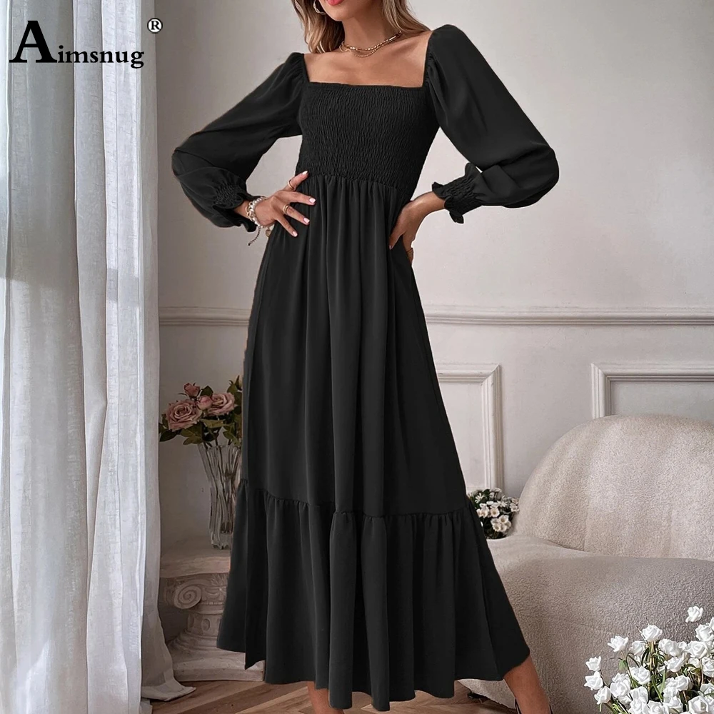 Women Elegant Maxi Dress 2024 Autumn Casual Square Collar Party Dresses High Cut Female Long A-line Dress Clothing Size S-4XL