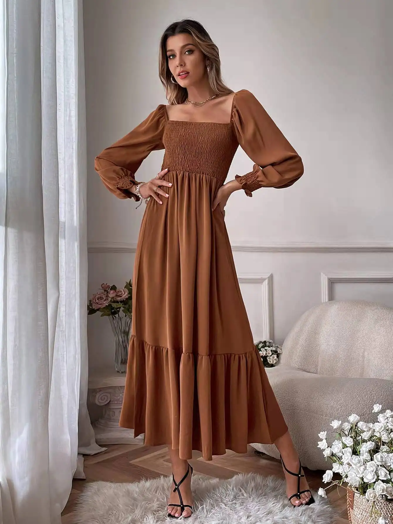 Women Elegant Maxi Dress 2024 Autumn Casual Square Collar Party Dresses High Cut Female Long A-line Dress Clothing Size S-4XL