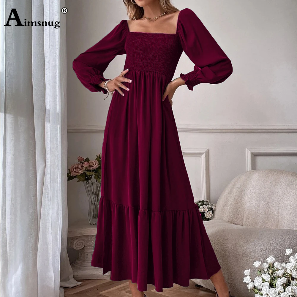 Women Elegant Maxi Dress 2024 Autumn Casual Square Collar Party Dresses High Cut Female Long A-line Dress Clothing Size S-4XL