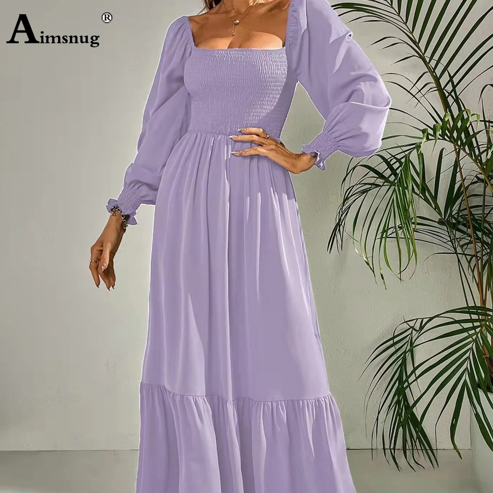 Women Elegant Maxi Dress 2024 Autumn Casual Square Collar Party Dresses High Cut Female Long A-line Dress Clothing Size S-4XL