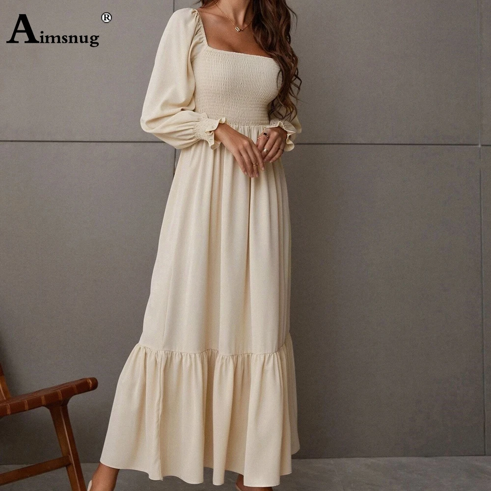 Women Elegant Maxi Dress 2024 Autumn Casual Square Collar Party Dresses High Cut Female Long A-line Dress Clothing Size S-4XL