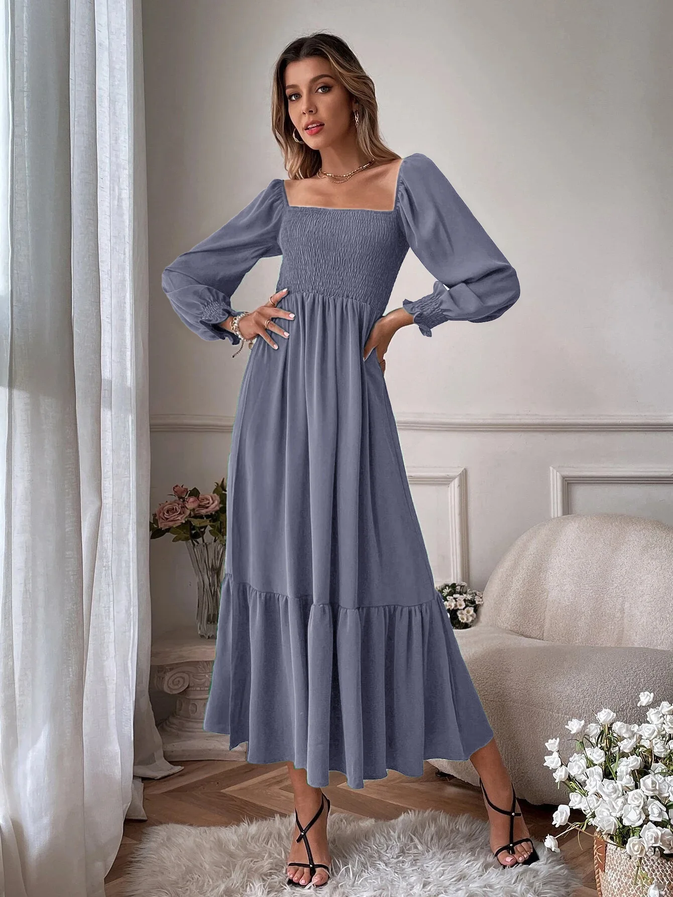 Women Elegant Maxi Dress 2024 Autumn Casual Square Collar Party Dresses High Cut Female Long A-line Dress Clothing Size S-4XL