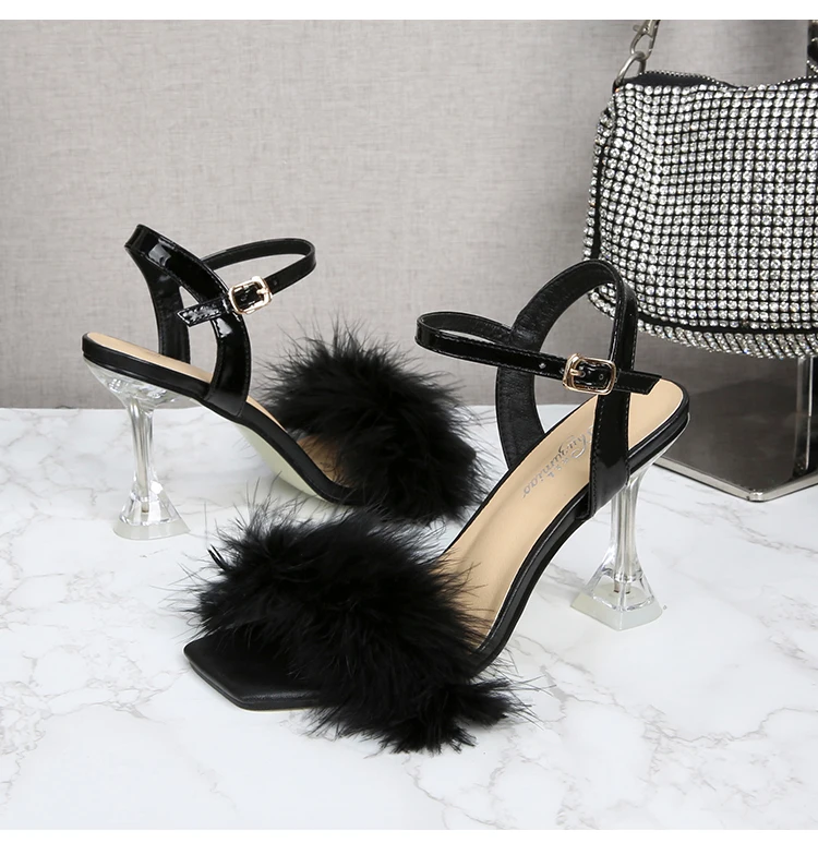 2024 New Women Square Toe Sandals Sexy Furry Fur Summer High-Heeled Sandals Ladies Wedding Stripper Shoes Pink White Black Red