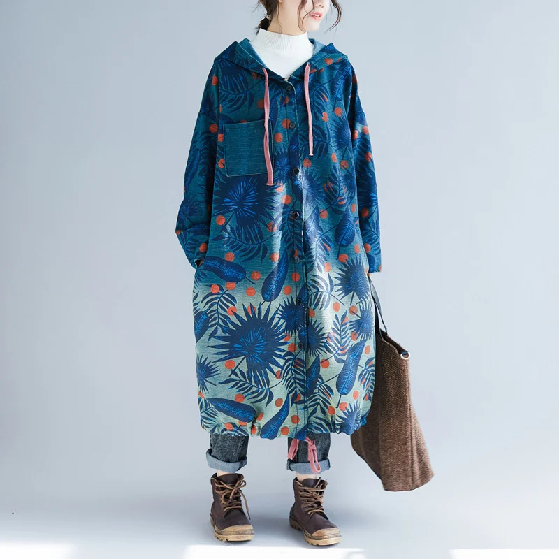 Amax LuluE European 2024 Fall Design Ladies Denim Printed Trench Women Hooded Long Clothes Female Casual Oversized Windbreakers