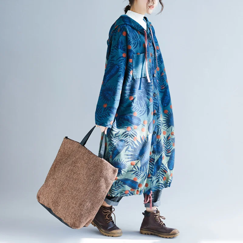 Amax LuluE European 2024 Fall Design Ladies Denim Printed Trench Women Hooded Long Clothes Female Casual Oversized Windbreakers