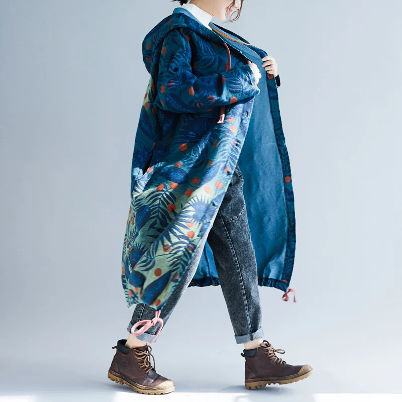 Amax LuluE European 2024 Fall Design Ladies Denim Printed Trench Women Hooded Long Clothes Female Casual Oversized Windbreakers