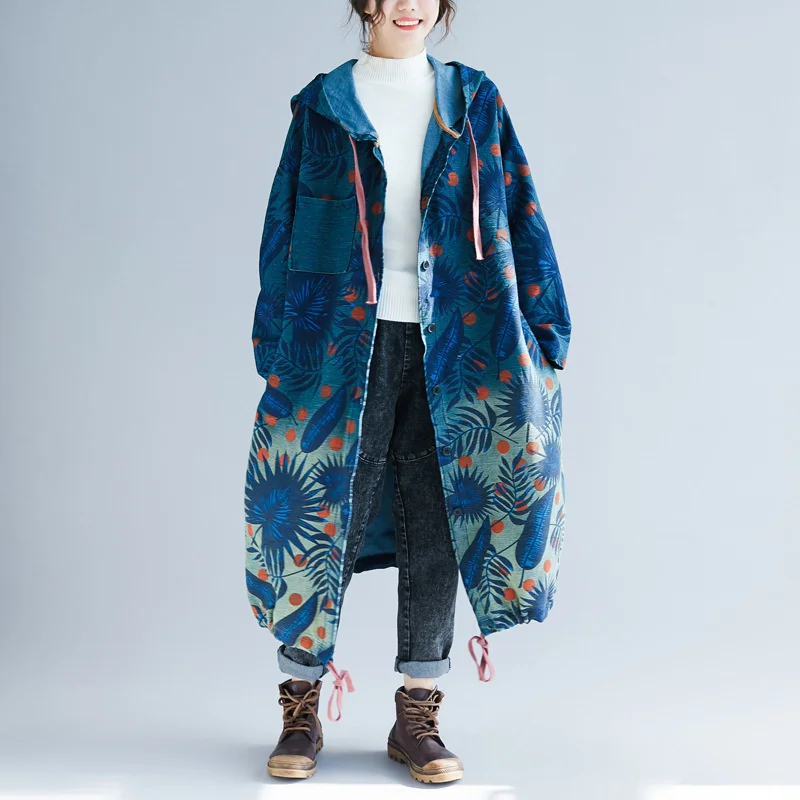 Amax LuluE European 2024 Fall Design Ladies Denim Printed Trench Women Hooded Long Clothes Female Casual Oversized Windbreakers