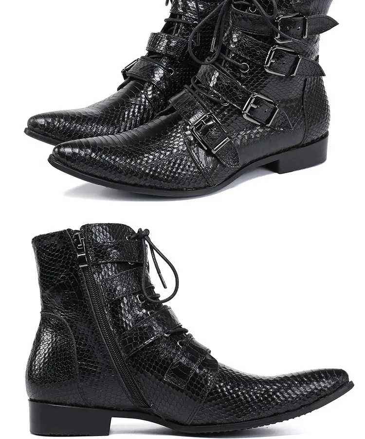 Men's Genuine Cow‑Leather Pointed Dress Boots Buckle‑Strap Decor Personalized Footwear For Summer Model Show Banquet Wedding Par
