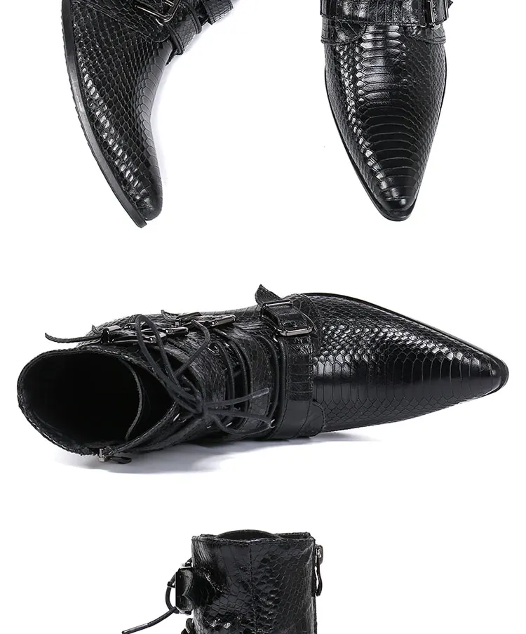 Men's Genuine Cow‑Leather Pointed Dress Boots Buckle‑Strap Decor Personalized Footwear For Summer Model Show Banquet Wedding Par