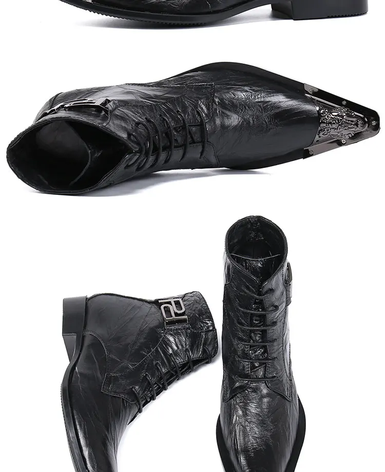 Men's Genuine Cow‑Leather Pointed Dress Boots Buckle‑Strap Decor Personalized Footwear For Summer Model Show Banquet Wedding Par
