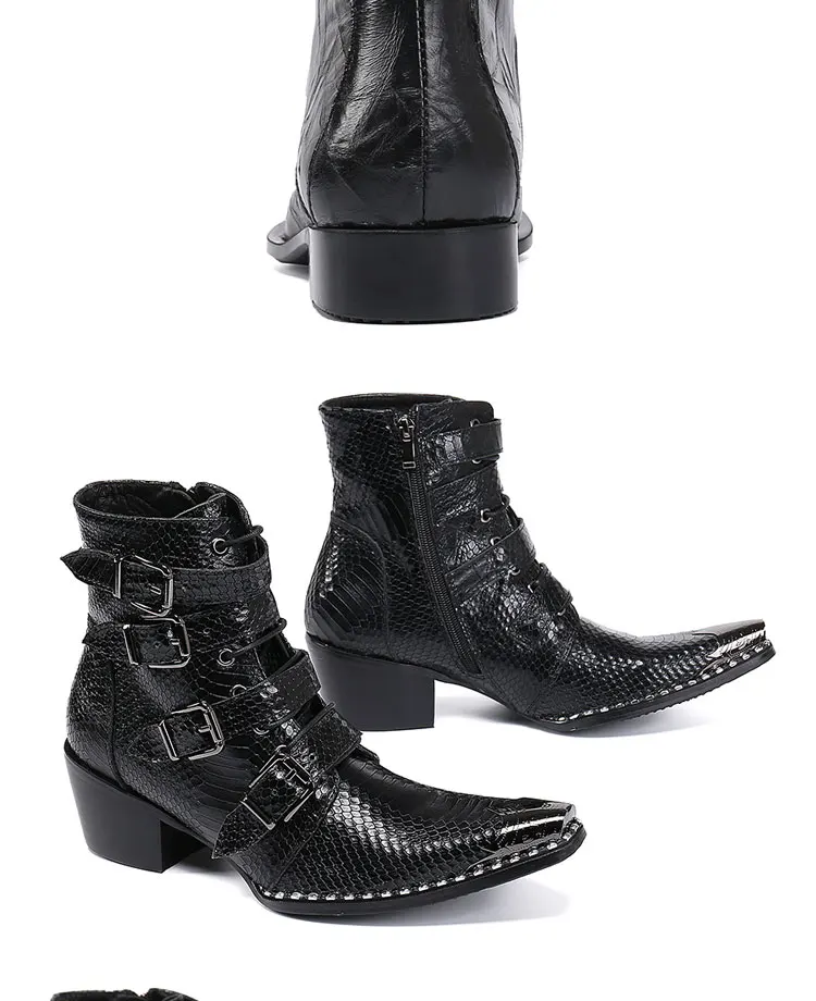 Men's Genuine Cow‑Leather Pointed Dress Boots Buckle‑Strap Decor Personalized Footwear For Summer Model Show Banquet Wedding Par