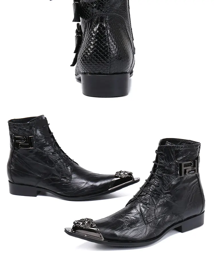 Men's Genuine Cow‑Leather Pointed Dress Boots Buckle‑Strap Decor Personalized Footwear For Summer Model Show Banquet Wedding Par
