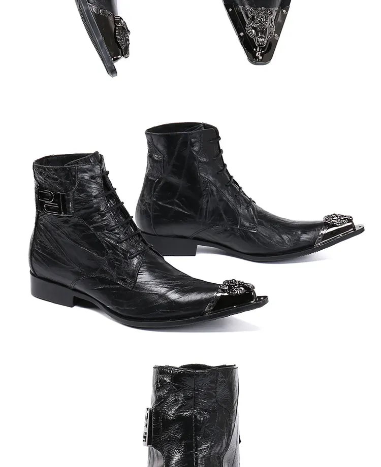 Men's Genuine Cow‑Leather Pointed Dress Boots Buckle‑Strap Decor Personalized Footwear For Summer Model Show Banquet Wedding Par