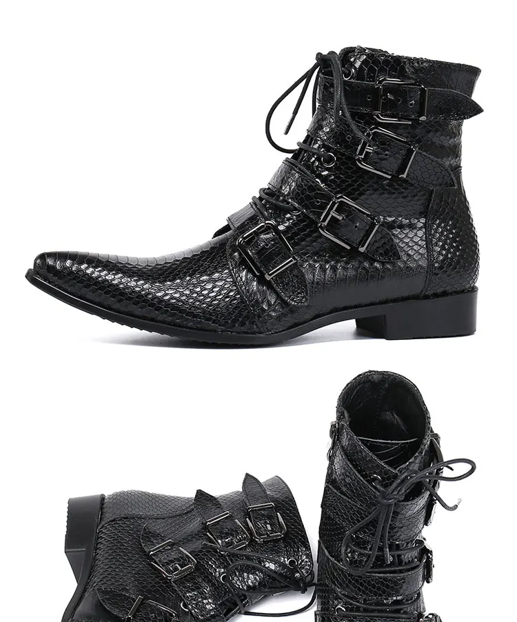 Men's Genuine Cow‑Leather Pointed Dress Boots Buckle‑Strap Decor Personalized Footwear For Summer Model Show Banquet Wedding Par