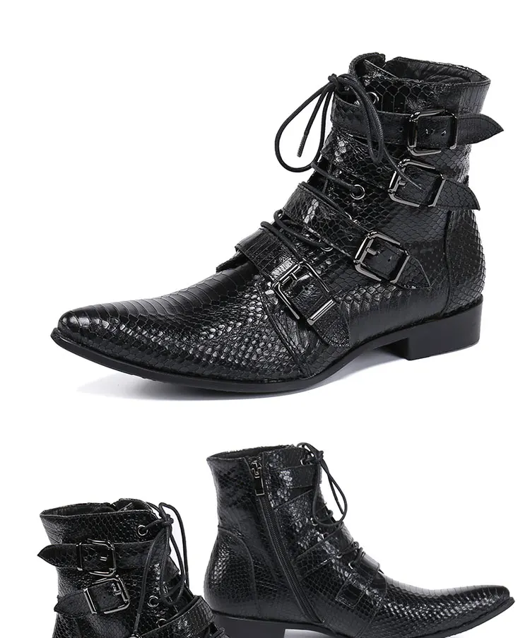 Men's Genuine Cow‑Leather Pointed Dress Boots Buckle‑Strap Decor Personalized Footwear For Summer Model Show Banquet Wedding Par