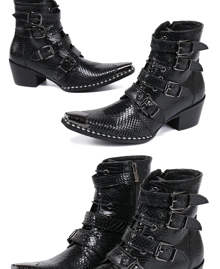 Men's Genuine Cow‑Leather Pointed Dress Boots Buckle‑Strap Decor Personalized Footwear For Summer Model Show Banquet Wedding Par