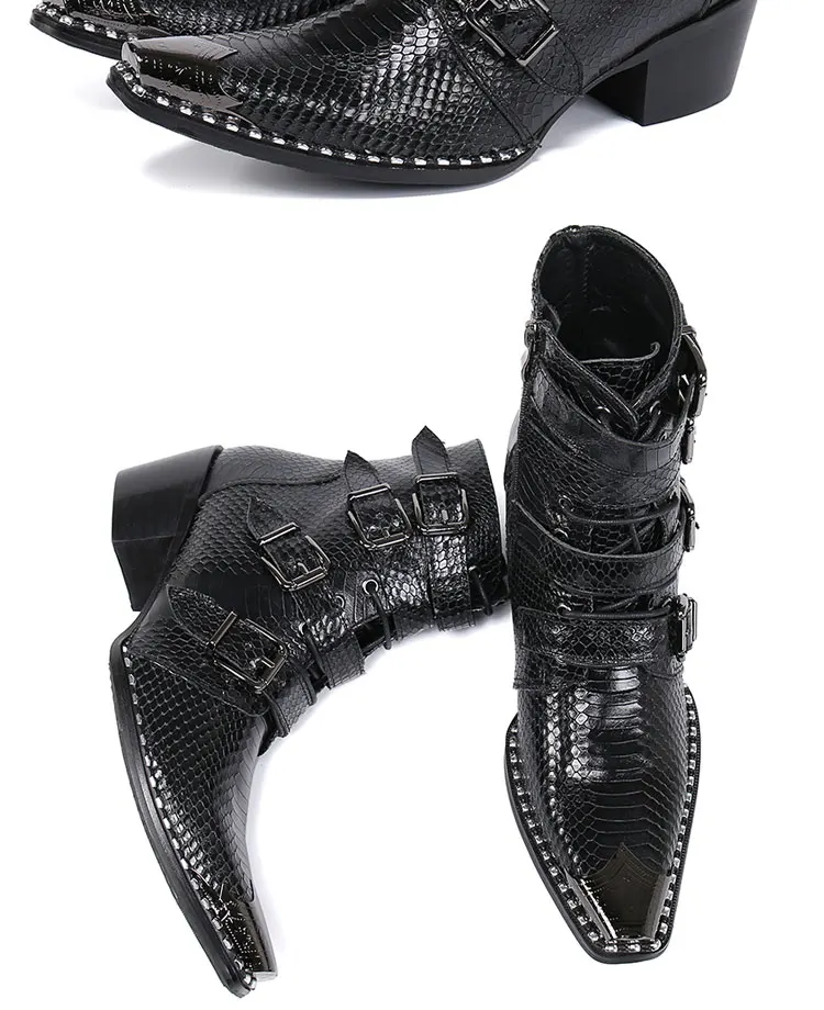Men's Genuine Cow‑Leather Pointed Dress Boots Buckle‑Strap Decor Personalized Footwear For Summer Model Show Banquet Wedding Par